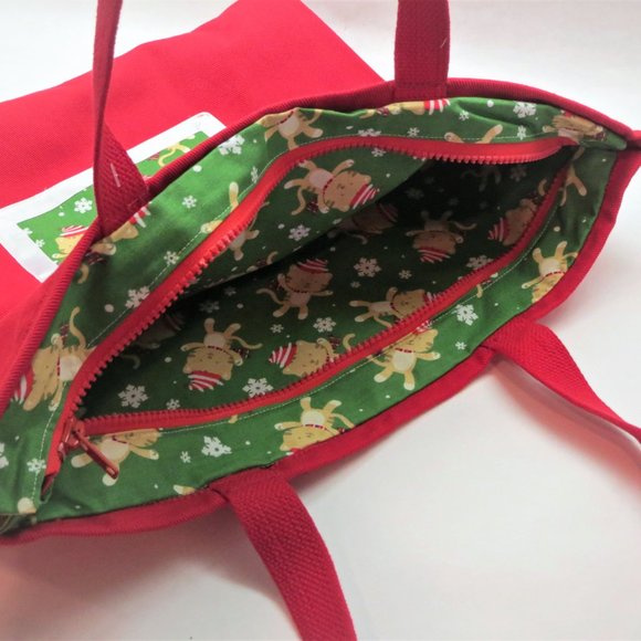 Cats in Hats Hand-Crafted Red Canvas Zip-top NEW Holiday Tote Bag - Picture 2 of 3